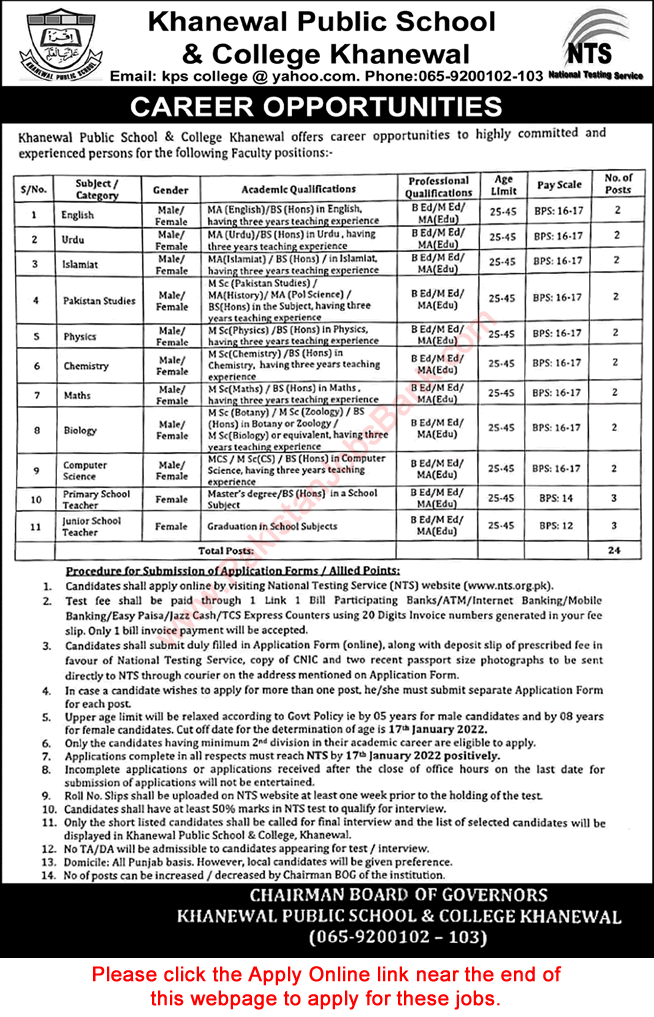 Teaching Faculty Jobs in Khanewal Public School and College 2022 NTS Apply Online Latest