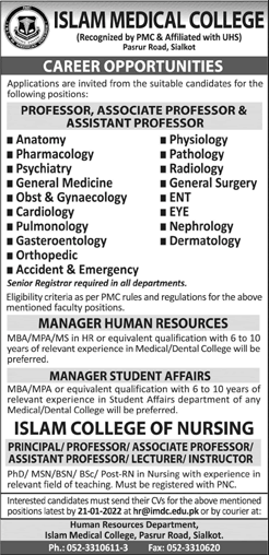 Islam Medical College Sialkot Jobs 2022 Teaching Faculty & Others Latest