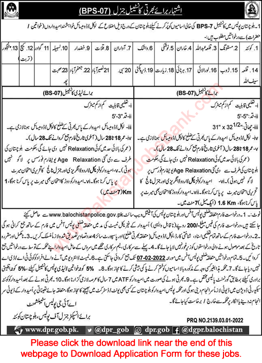 Balochistan Police Constable Jobs 2022 Application Form Latest