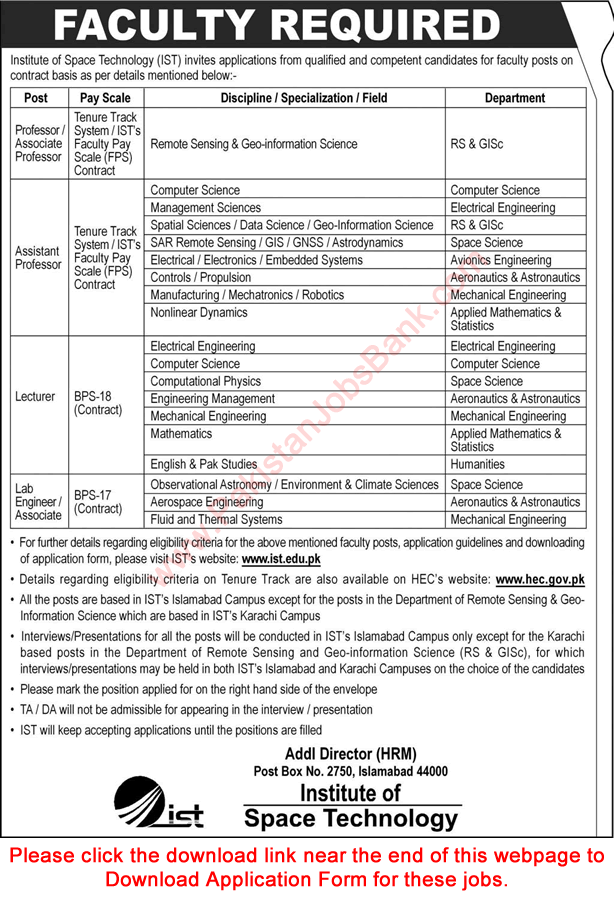 IST Islamabad Jobs 2022 Application Form Teaching Faculty & Others Institute of Space Technology Latest