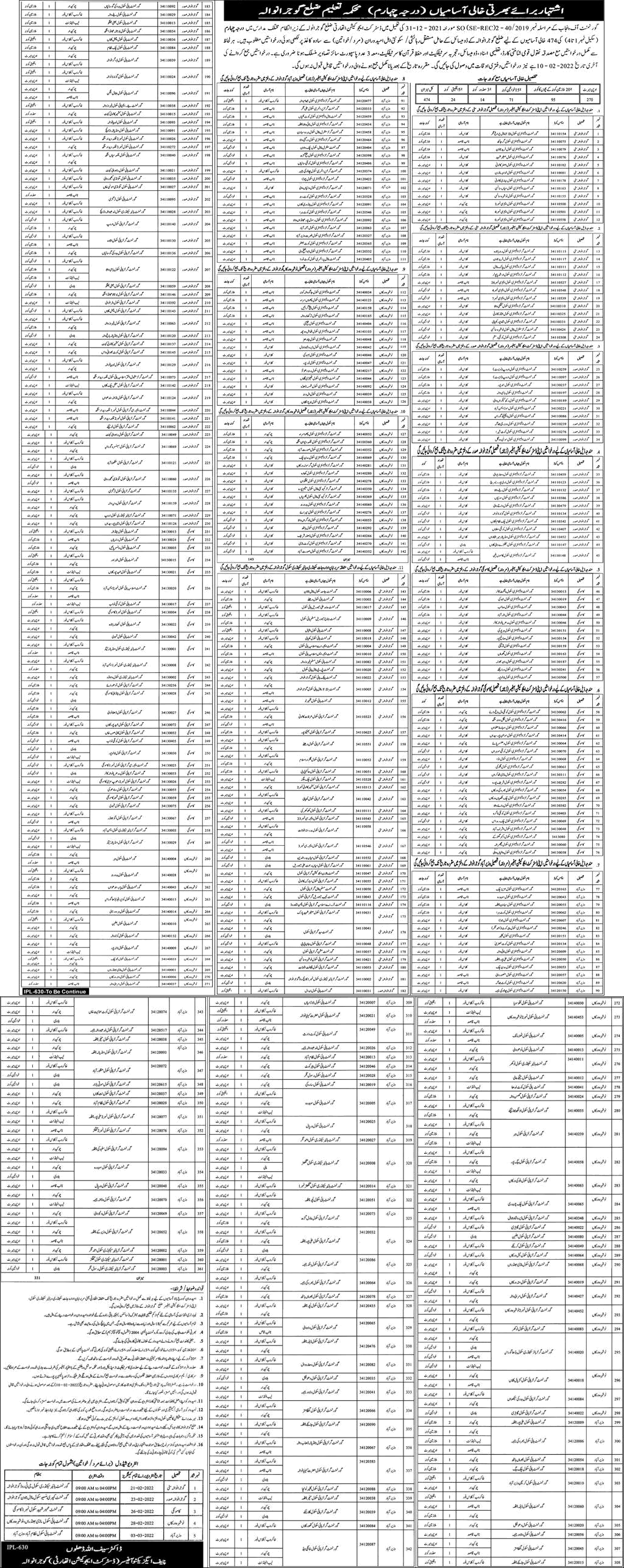 Education Department Gujranwala Jobs 2022 Class 4, Chowkidar, Naib Qasid & Others District Education Authority Latest