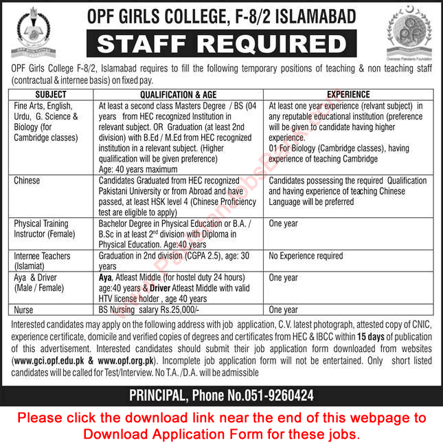 OPF Girls College Islamabad Jobs 2022 January / February Application Form Teachers & Others Latest