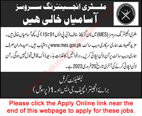 Military Engineering Services Jobs 2022 February MES Apply Online GHQ Pak Army Latest