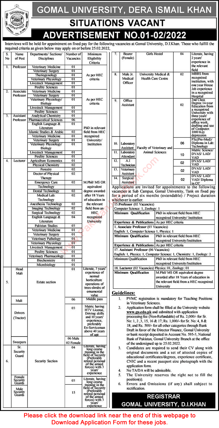 Gomal University Dera Ismail Khan Jobs 2022 February Application Form Teaching Faculty & Others Latest