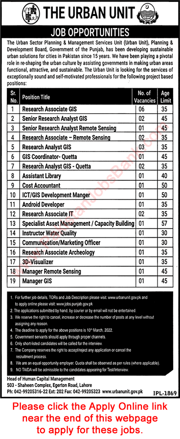 The Urban Unit Punjab Jobs February 2022 Apply Online Research Associates & Others Latest
