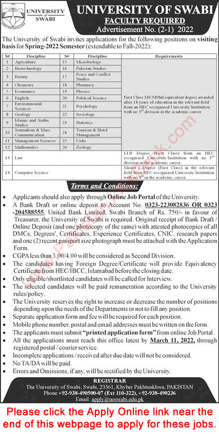 Visiting Faculty Jobs in University of Swabi 2022 February / March Apply Online Latest