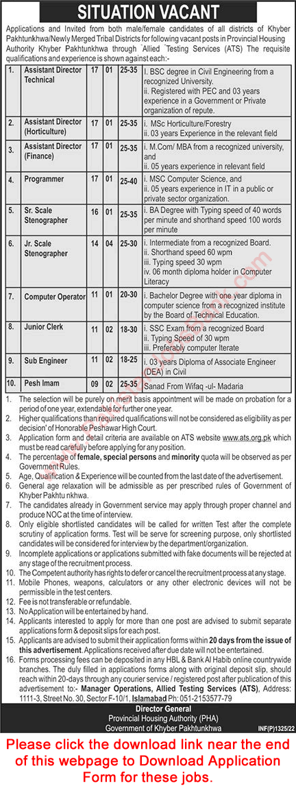 Provincial Housing Authority KPK Jobs 2022 March ATS Application Form Stenographers & Others Latest