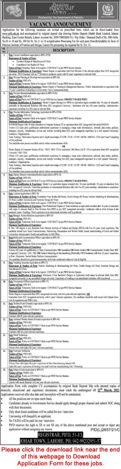Pakistan Institute of Fashion and Design Lahore Jobs 2022 March PIFD Application Form Lecturers & Others Latest