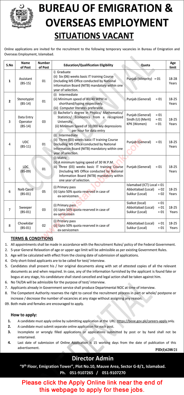 Bureau of Emigration and Overseas Employment Islamabad Jobs 2022 March Apply Online Latest