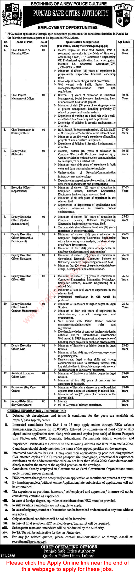 Punjab Safe City Authority Lahore Jobs 2022 March PSCA Apply Online PPIC3 Deputy Executive Officers & Others Latest