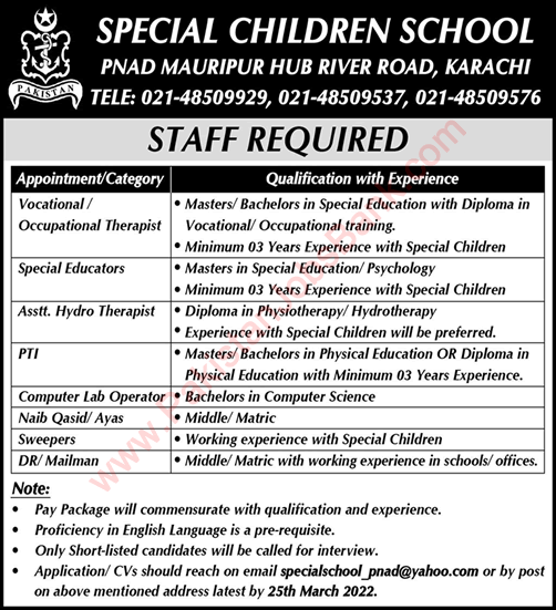 Special Children School Karachi Jobs 2022 March Special Educators & Others Pak Navy PNAD Latest