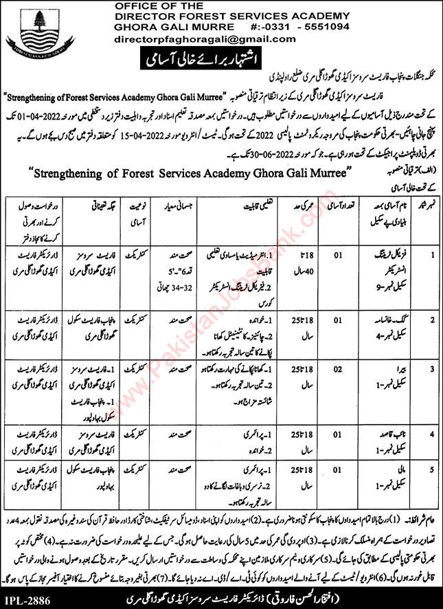 Forest Services Academy Ghora Gali Murree Jobs 2022 March Cooks, Naib Qasid & Others Latest