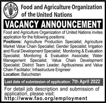 Food and Agriculture Organization of the United Nations Balochistan Jobs 2022 March FAO Latest