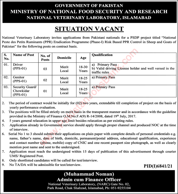 Ministry of National Food Security and Research Jobs March 2022 MNFSR National Veterinary Laboratory Islamabad Latest