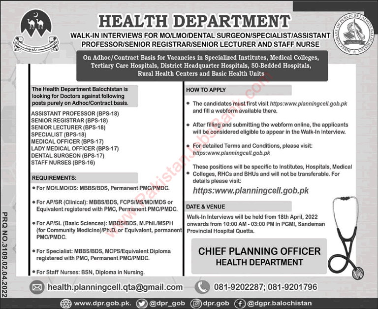 Health Department Balochistan Jobs April 2022 Medical Officers & Others Walk in Interviews Latest