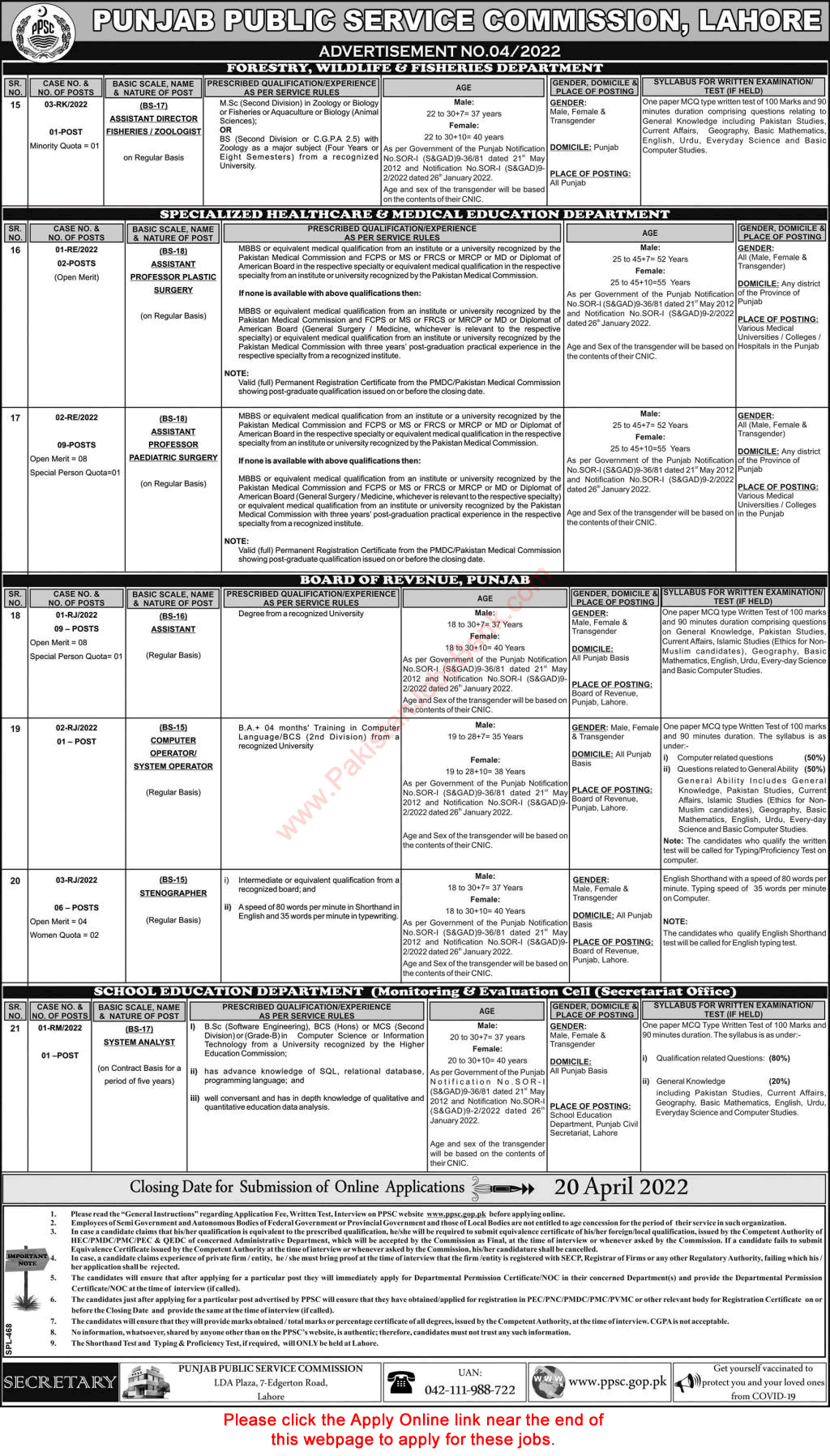 PPSC Jobs April 2022 Apply Online Consolidated Advertisement No 04/2022 4/2022 Latest