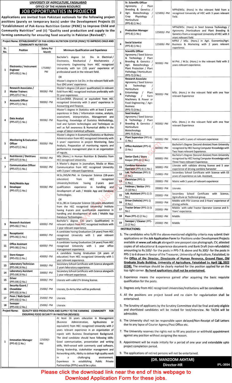 University of Agriculture Faisalabad Jobs April 2022 UAF Application Form Scientific Officers & Others Latest