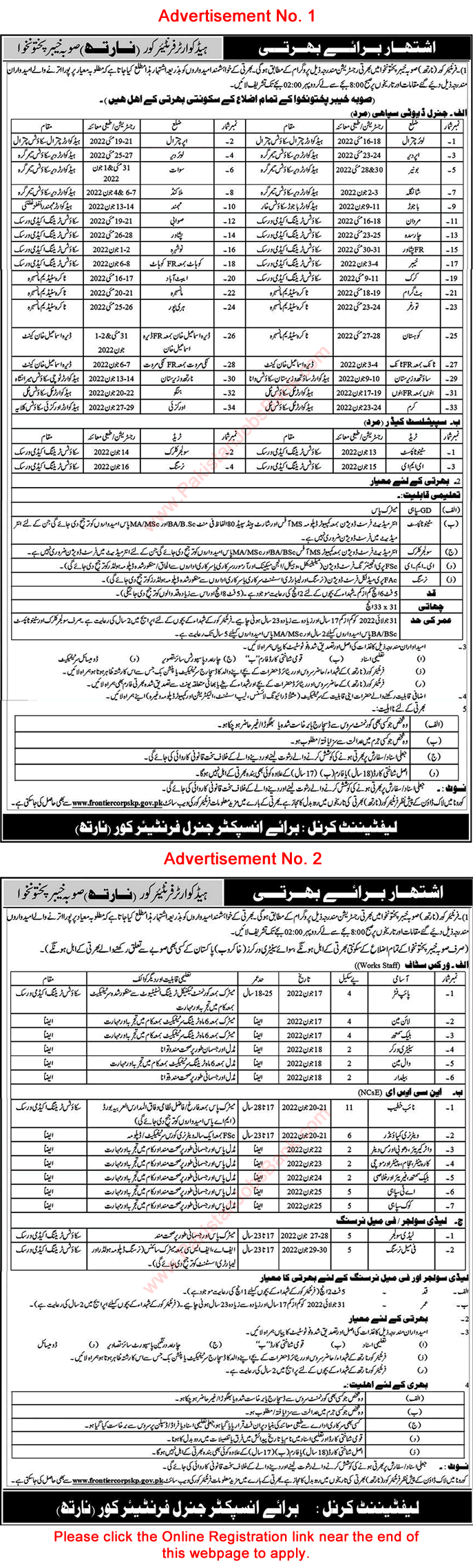 Frontier Corps KPK Jobs April 2022 FC North Apply Online Sipahi, Clerk & Others Latest
