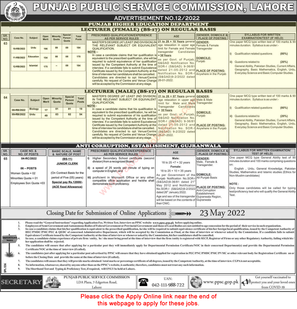 Lecturer Jobs in Punjab Higher Education Department April 2022 May PPSC Online Apply Latest