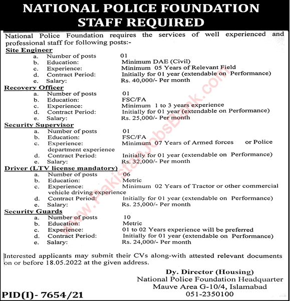 National Police Foundation Islamabad Jobs 2022 April / May Security Guards, Drivers & Others Latest