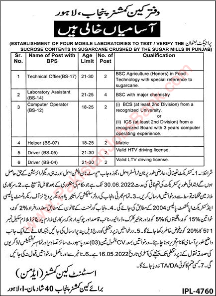 Assistant Cane Commissioner Office Lahore Jobs 2022 April / May Drivers & Others Latest