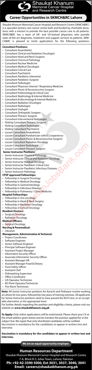 Shaukat Khanum Hospital Lahore Jobs May 2022 SKMCH Medical Consultants & Others Latest