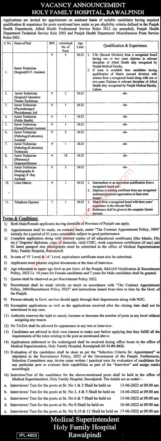 Holy Family Hospital Rawalpindi Jobs 2022 May Medical Technicians, Dispensers, Assistants & Others Latest