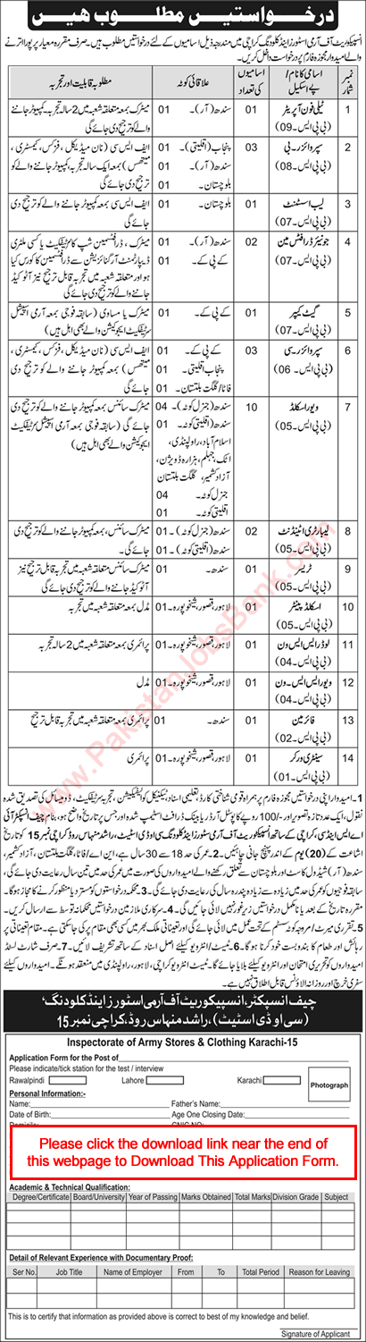 Inspectorate of Army Stores and Clothing Karachi Jobs 2022 May Application Form Skilled Viewers & Others Pak Army Latest