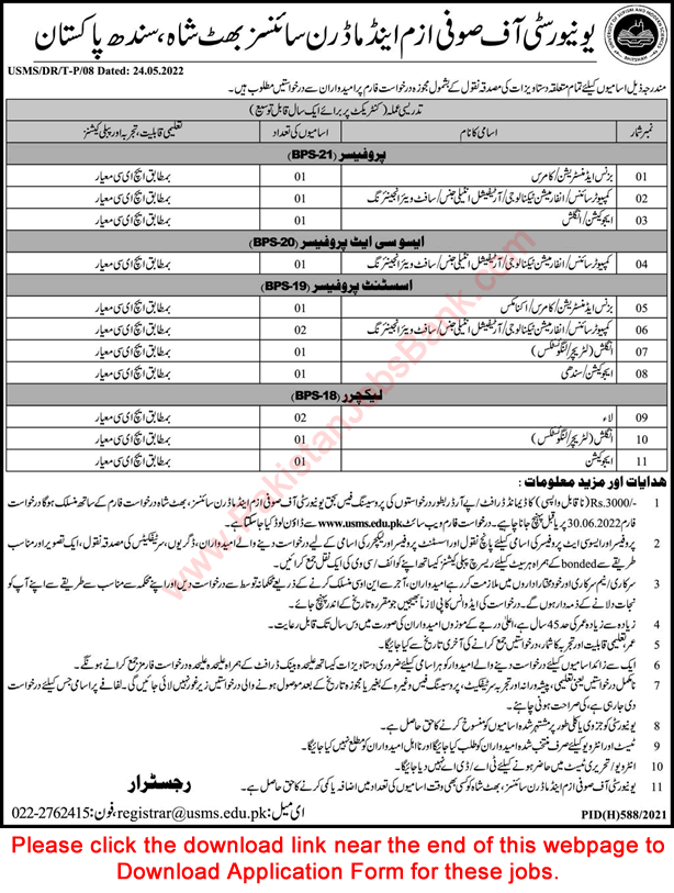 University of Sufism and Modern Sciences Bhitshah Sindh Jobs 2022 June Application Form Latest