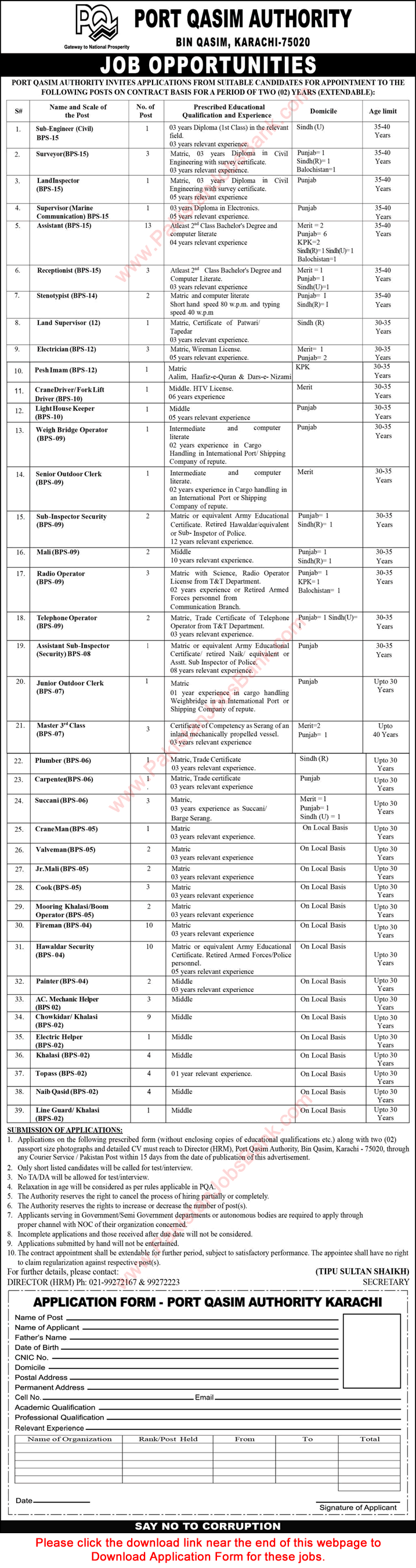 Port Qasim Authority Karachi Jobs 2022 June PQA Application Form Assistant, Fireman & Others Latest