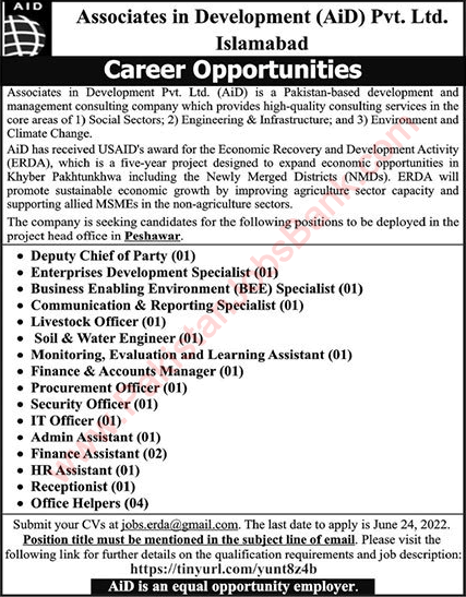 Associates in Development Pvt Ltd Jobs June 2022 AiD Peshawar Latest