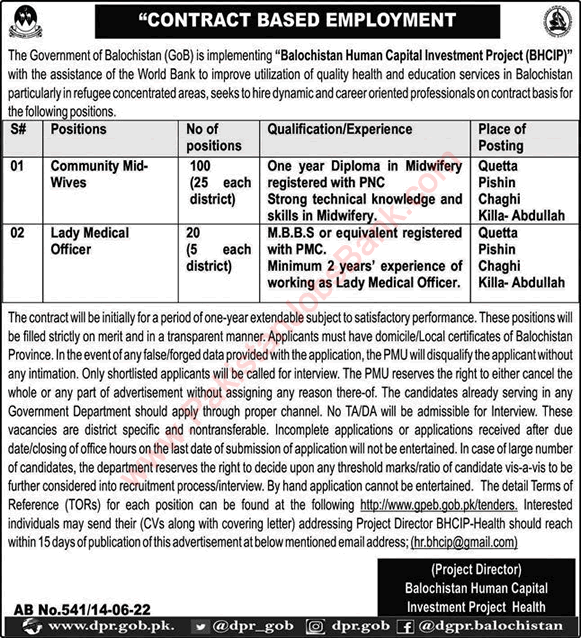 Balochistan Human Capital Investment Project Jobs June 2022 Community Midwifes & Medical Officers Latest