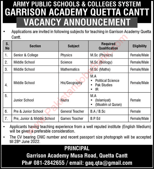 Army Public School and College Quetta Jobs 2022 June Teaching Faculty APS&C Garrison Academy Latest