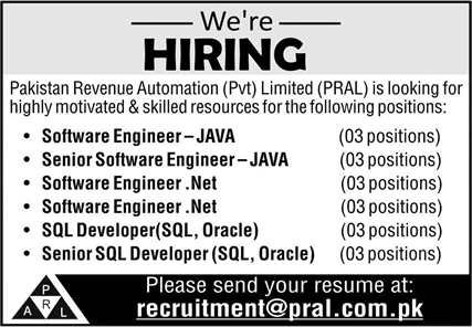 PRAL Jobs 2022 June Software Engineers / Developers Pakistan Revenue Automation Pvt Limited Latest