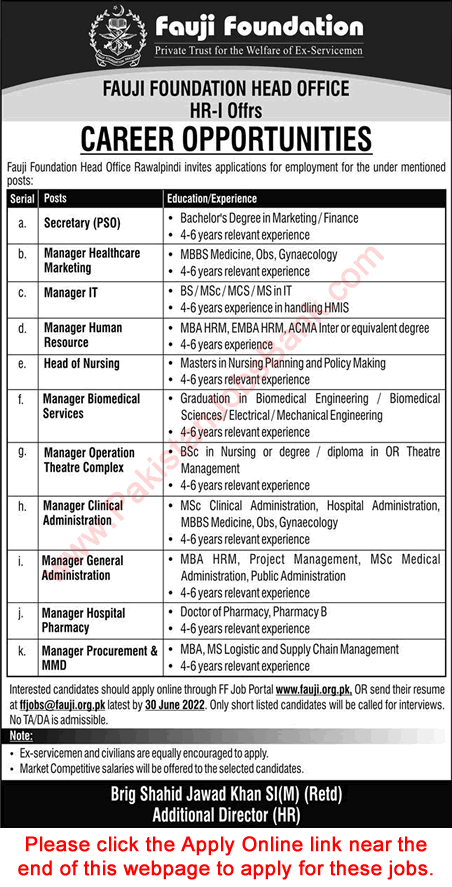 Fauji Foundation Rawalpindi Jobs 2022 June Apply Online Managers & Others Latest