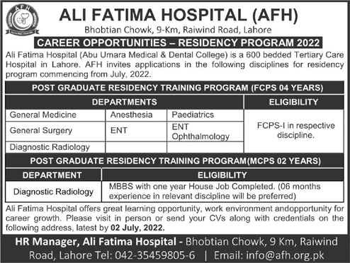 Ali Fatima Hospital Lahore FCPS / MCPS Postgraduate Training 2022 June AFH Residency Program Latest