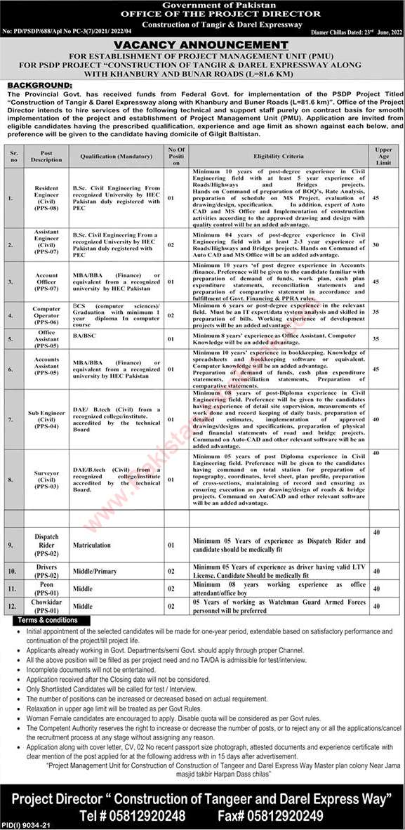 Office of the Project Director Gilgit Baltistan Jobs June 2022 PSDP Project Latest