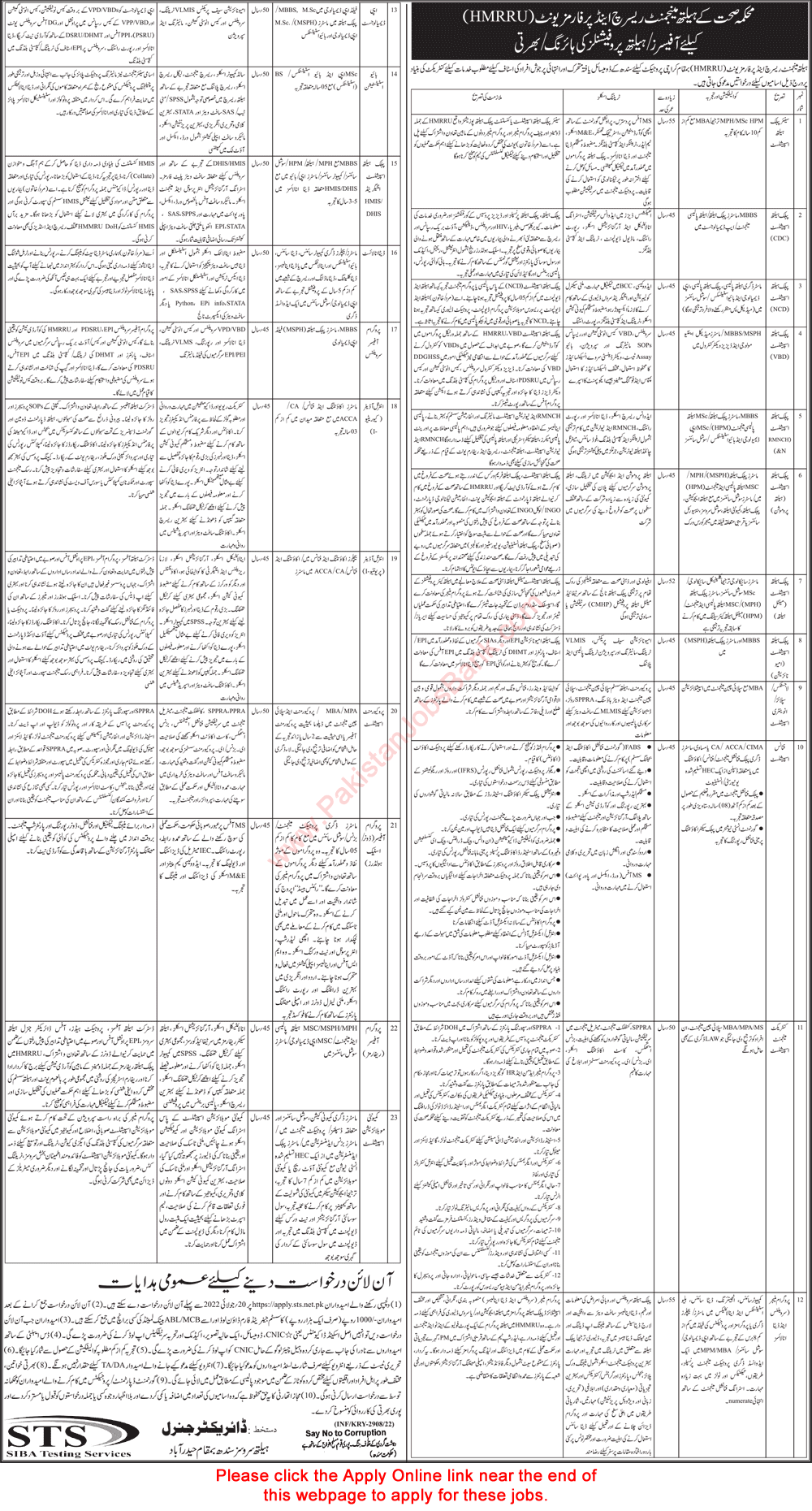 Health Department Sindh Jobs June 2022 STS Apply Online Health Management Research and Reforms Unit HMRRU Latest