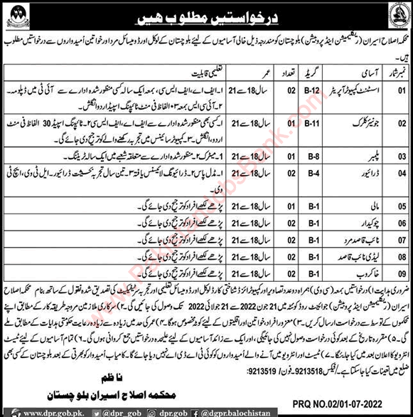 Reclamation and Probation Department Balochistan Jobs 2022 July Computer Operators, Naib Qasid, Drivers & Others Latest