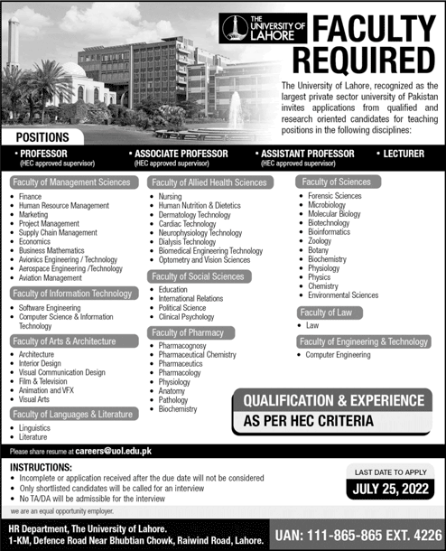 Teaching Faculty Jobs in University of Lahore July 2022 UOL Latest