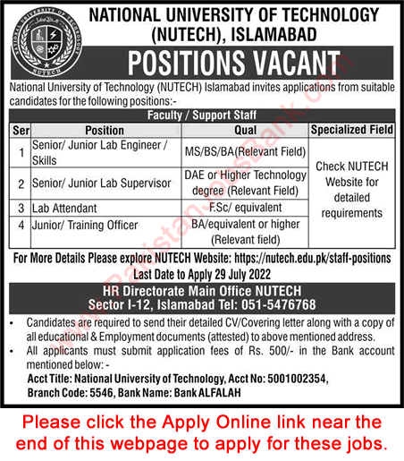 NUTECH University Islamabad Jobs July 2022 Apply Online National University of Technology Latest