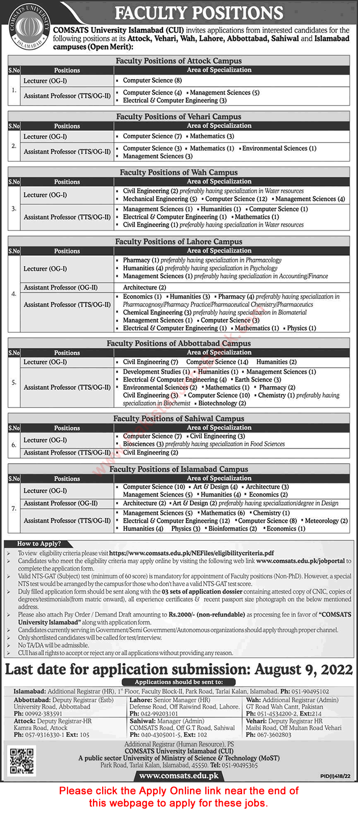 Teaching Faculty Jobs in COMSATS University 2022 July CUI Apply Online Lecturers / Assistant Professors Latest