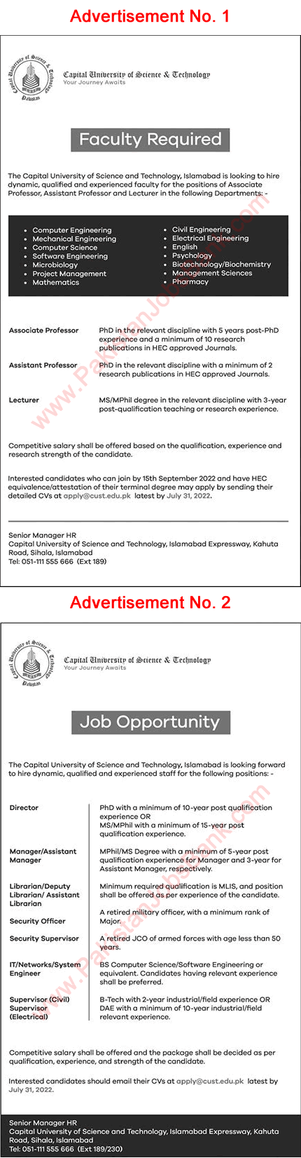 Capital University of Science and Technology Islamabad Jobs 2022 July CUST Teaching Faculty & Others Latest
