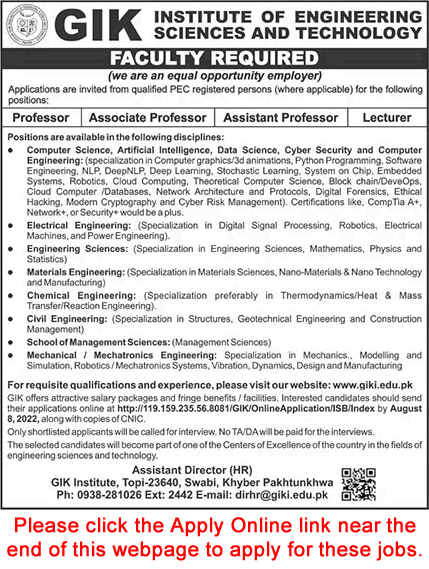 Teaching Faculty Jobs in GIK Institute of Science and Technology Swabi July 2022 Apply Online Latest