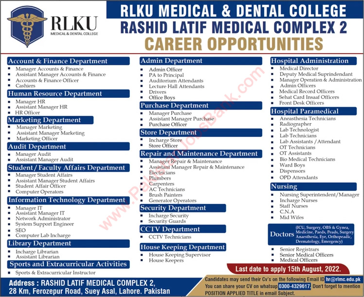 Rashid Latif Medical Complex Lahore Jobs 2022 July RLKU Assistant Managers, Medical Officers & Others Latest