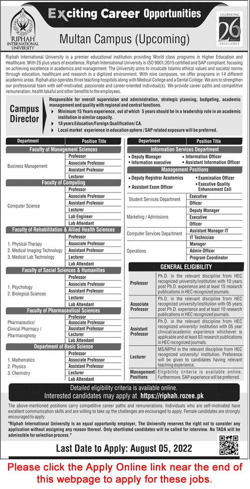 Riphah International University Jobs July 2022 Multan Campus Apply Online Teaching Faculty & Others Latest