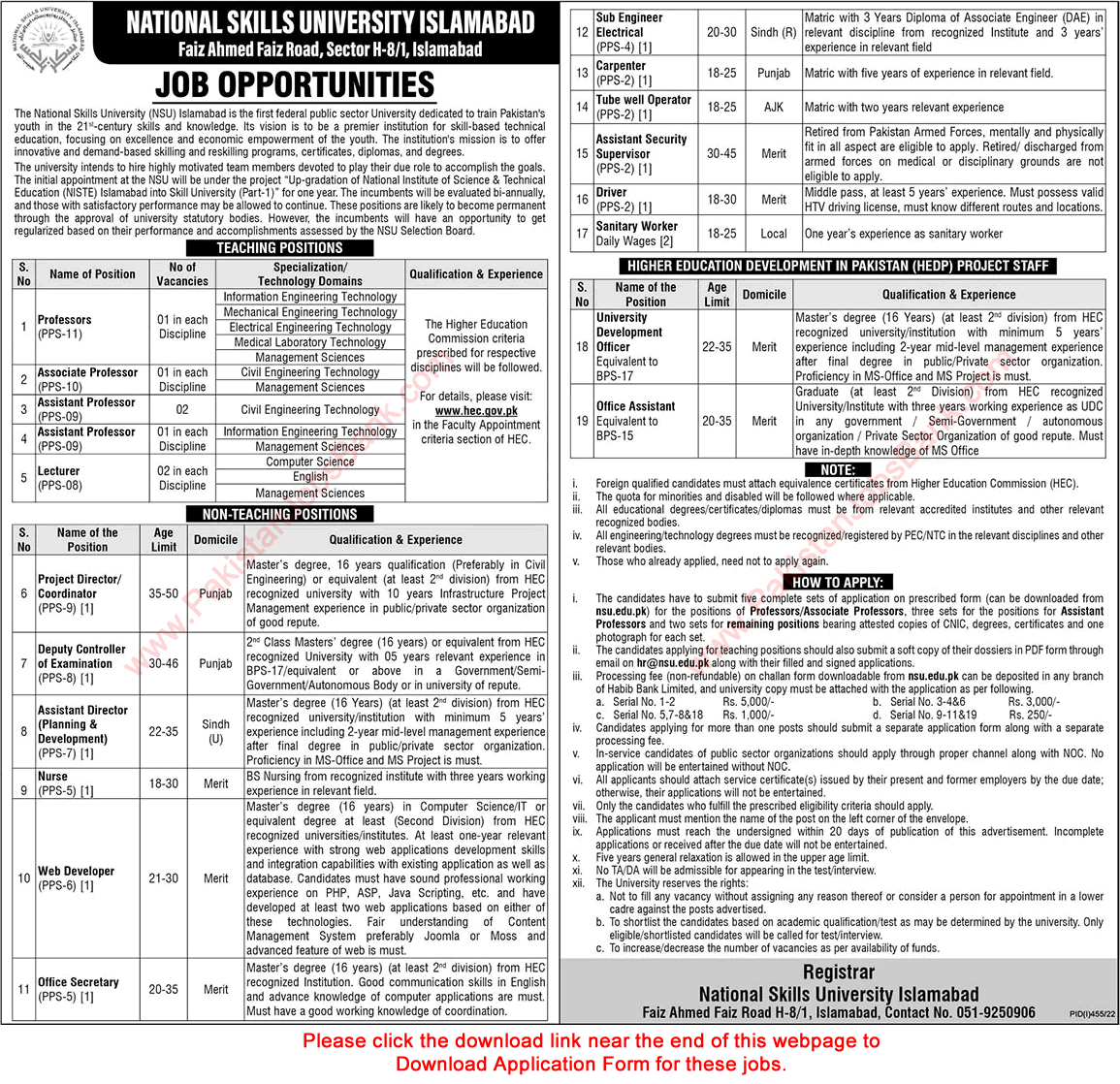 National Skills University Islamabad Jobs July 2022 NSU Apply Online Teaching Faculty & Others Latest