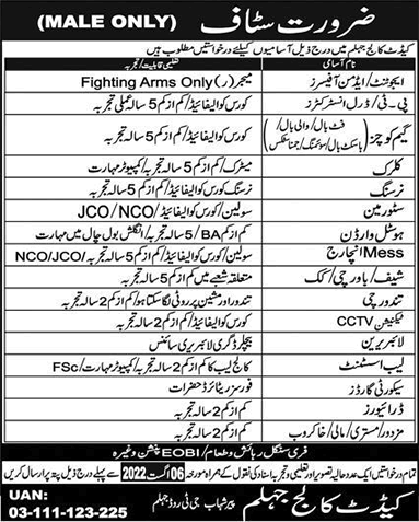 Cadet College Jhelum Jobs July 2022 August Drivers, Security Guards & Others Latest
