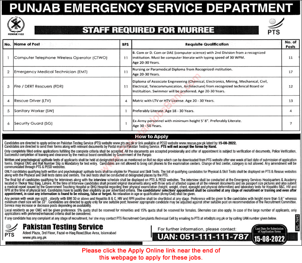 Punjab Emergency Service Rescue 1122 Murree Jobs 2022 July PTS Online Apply Emergency Medical Technicians & Others Latest
