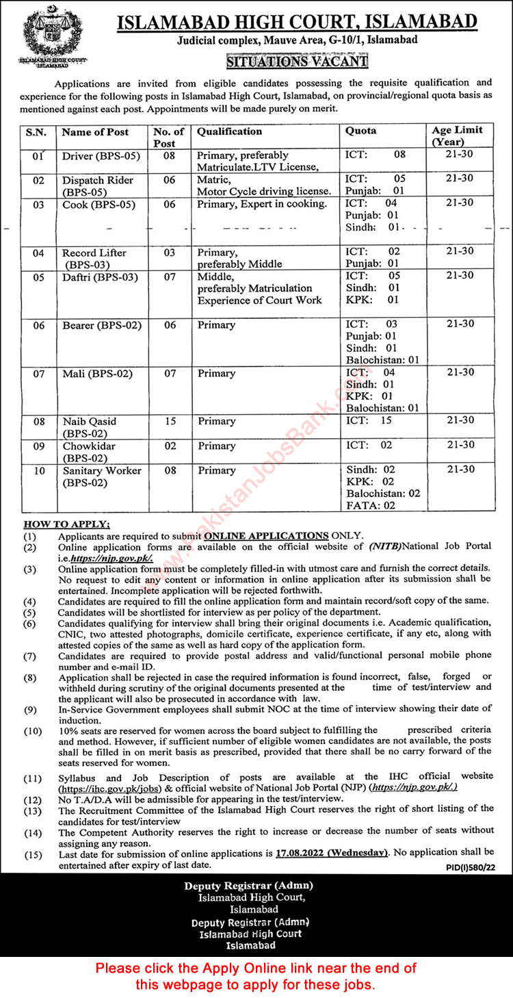 Islamabad High Court Jobs 2022 August NJP Apply Online Naib Qasid, Drivers & Others Latest